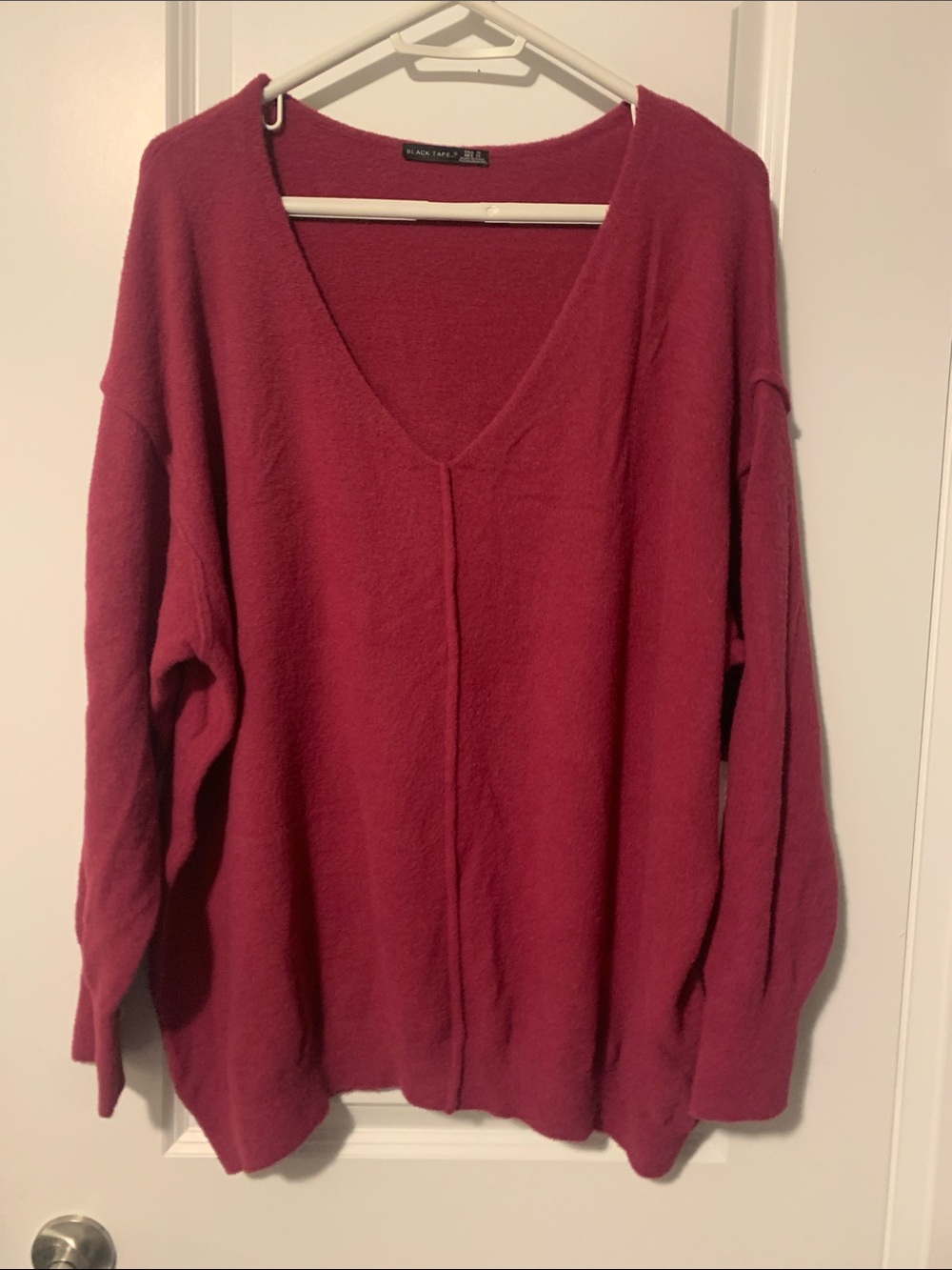 Black Tape Relaxed V-Neck Sweater in Raspberry